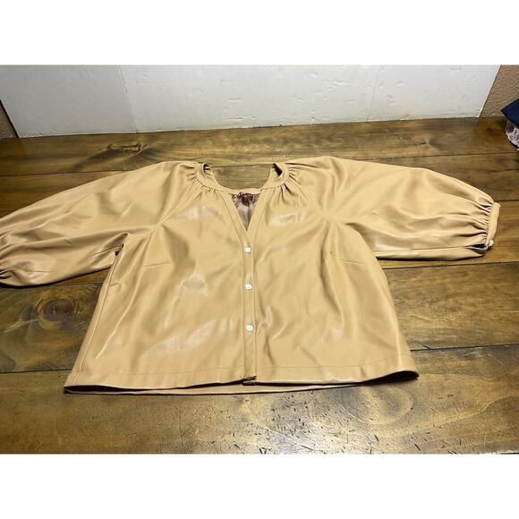 Staud Tan Faux Leather Short Sleeve Button Down Puff Sleeve Top Size M - Picture 1 of 11